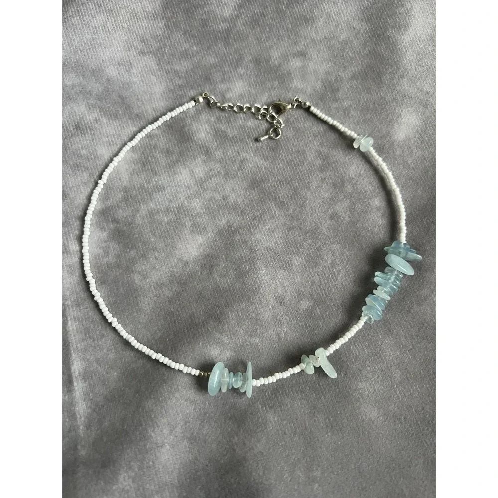 White Seed Bead Aqua Stone Chip Choker‎ Necklace Boho Minimalist Beach
